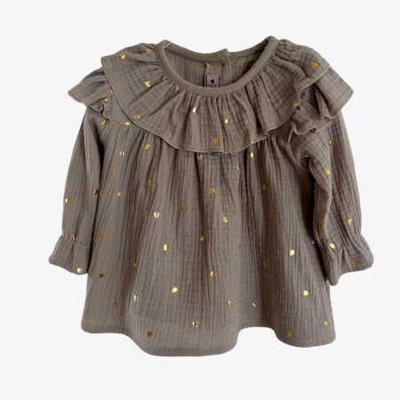 Taupe Frill Blouse with Golden Hearts