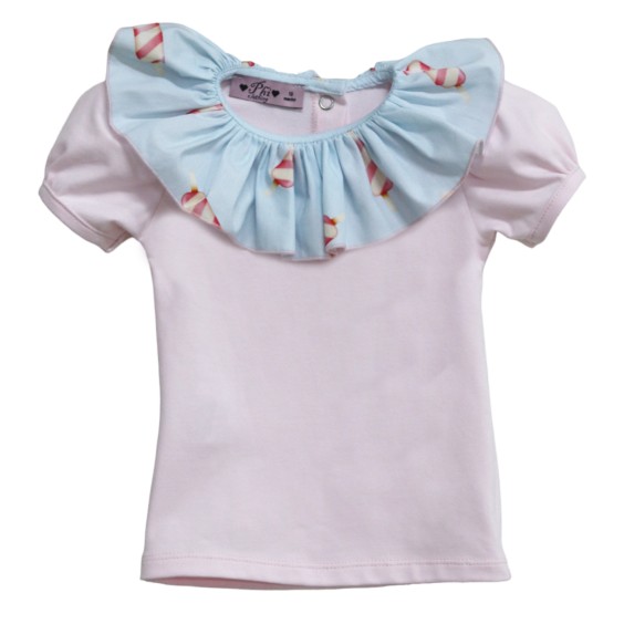 Pink t-shirt with ice cream collar on blue background