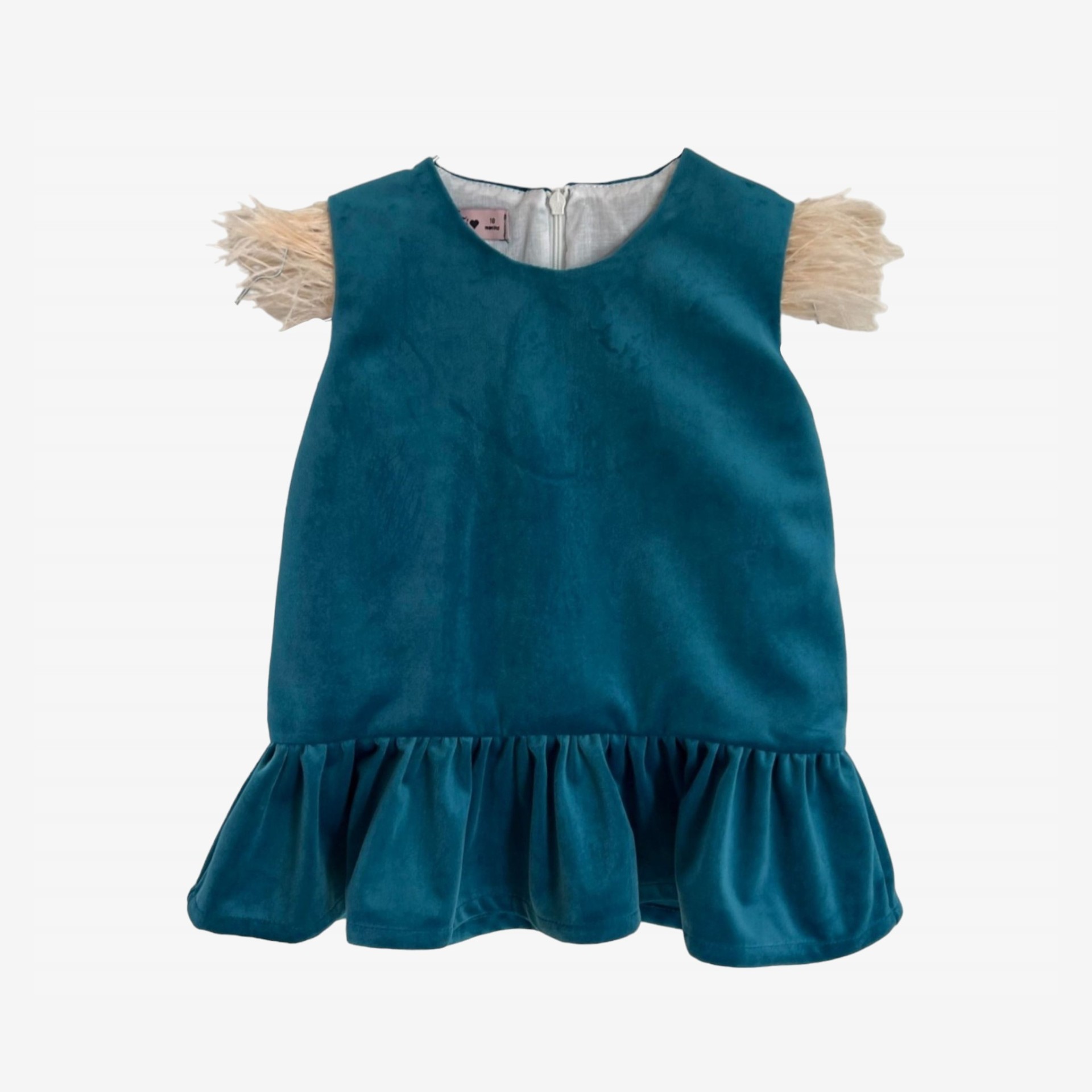 Robe de soire en velours bleu avec plumes