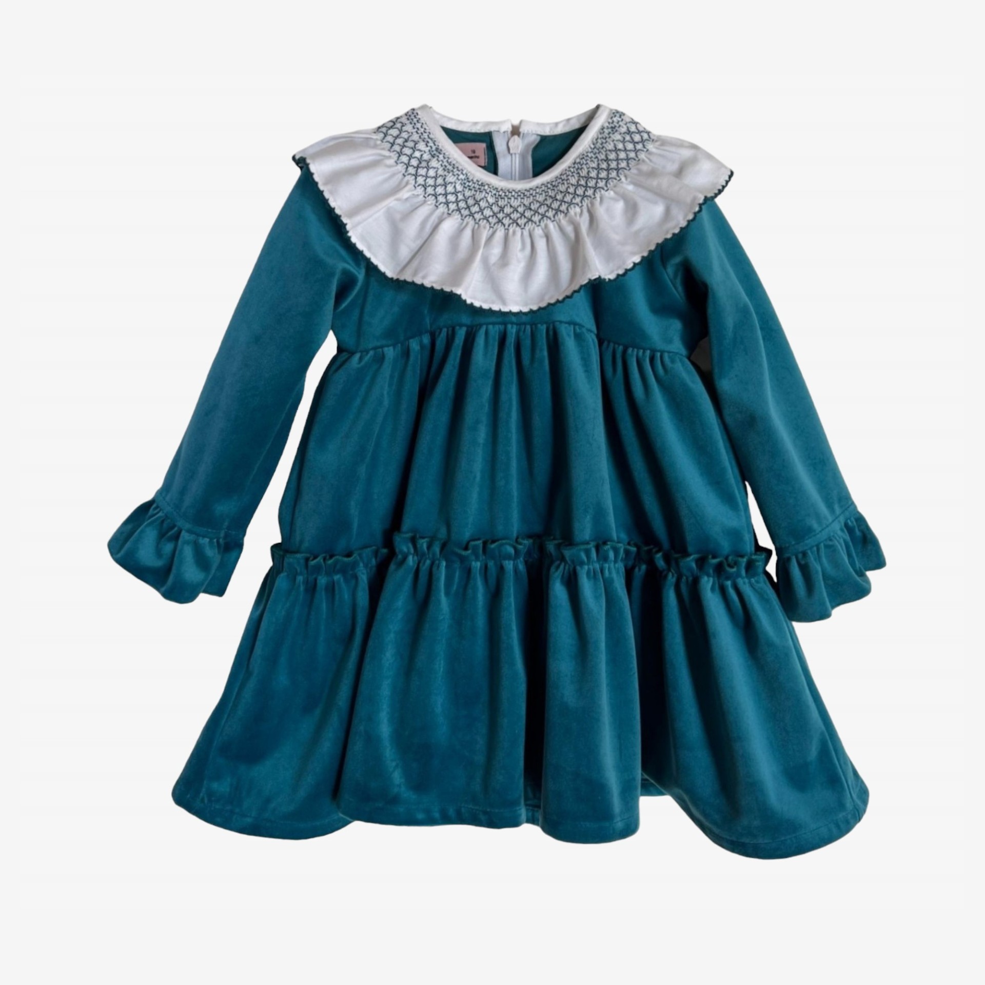 Vestido veludo azul noite com gola smock