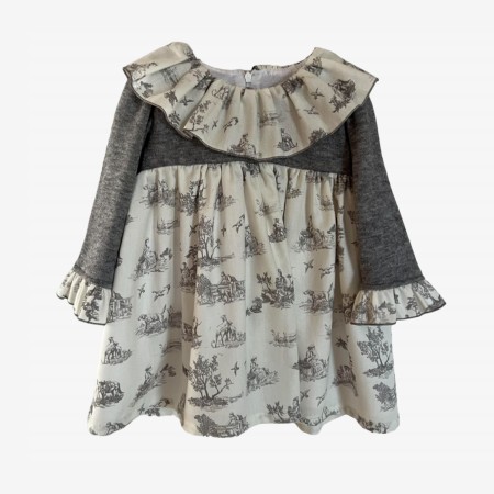 Gray toile de jouy dress with gray mesh