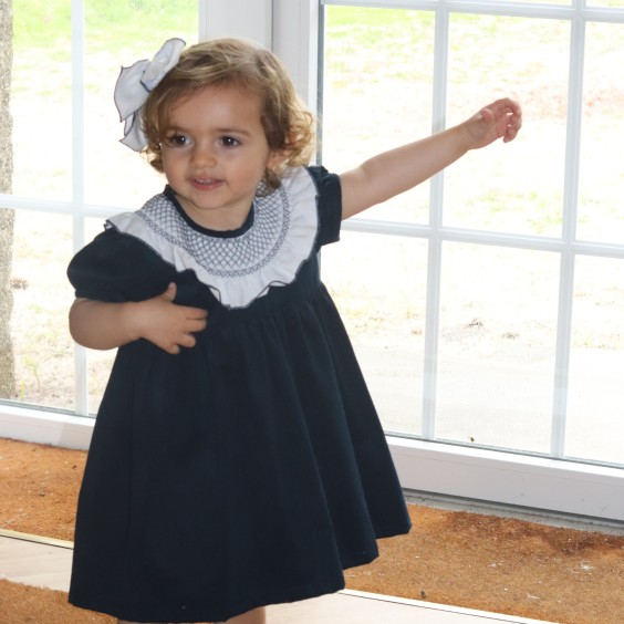 Vestido bombazine azul com gola smock