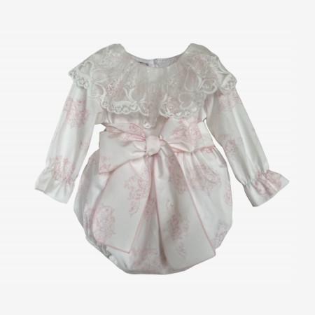 Barboteuse Toile de Jouy Rose avec tulle