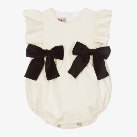  Ecru Velvet Romper with black bows