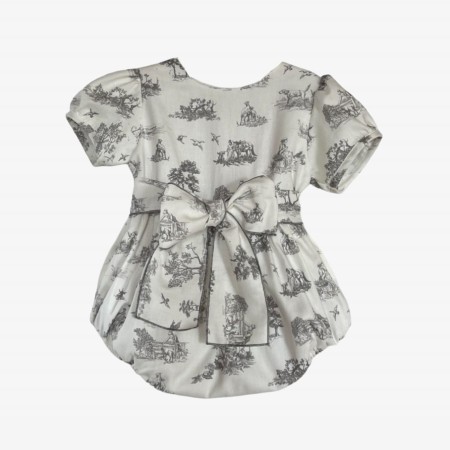 Barboteuse Toile de Jouy Gris avec n?ud