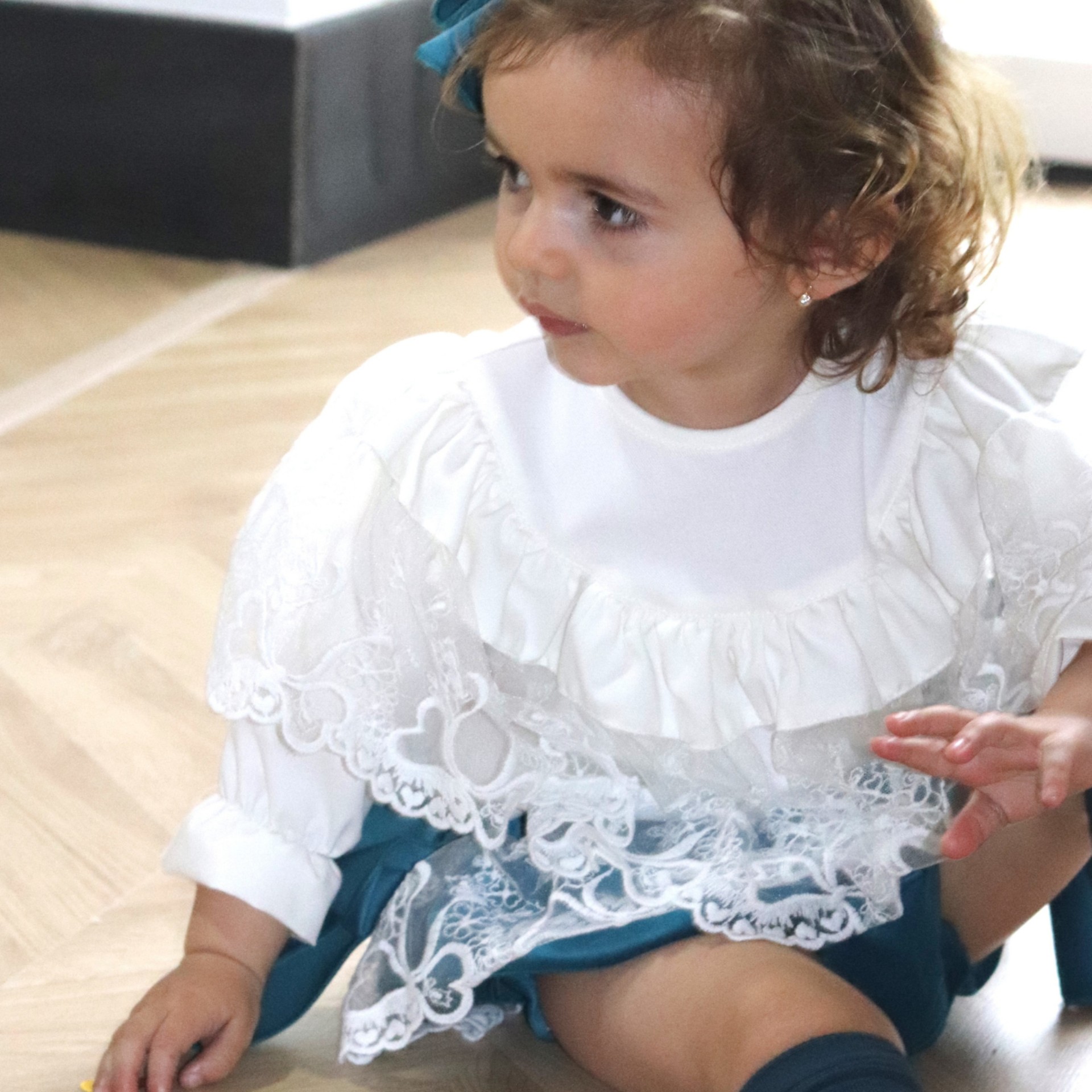 Blue Bloomer with tule collar