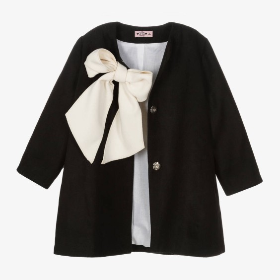 Black coat with ivory bow