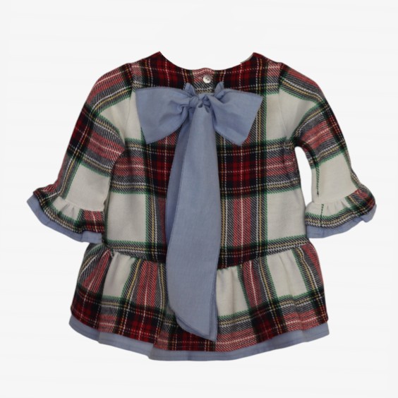Red plaid tunic with blue oxford bow