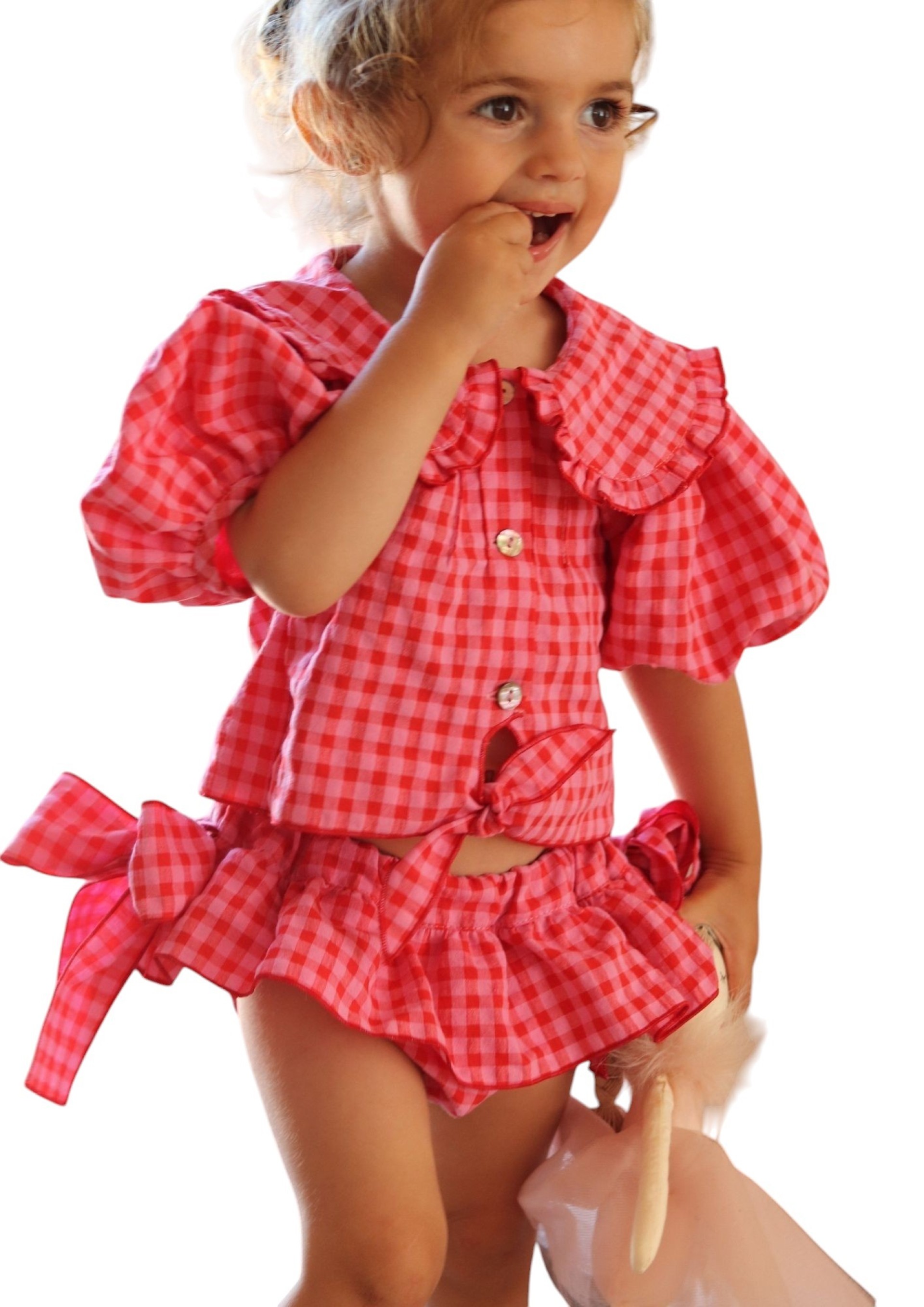 Pink and red gingham blouse
