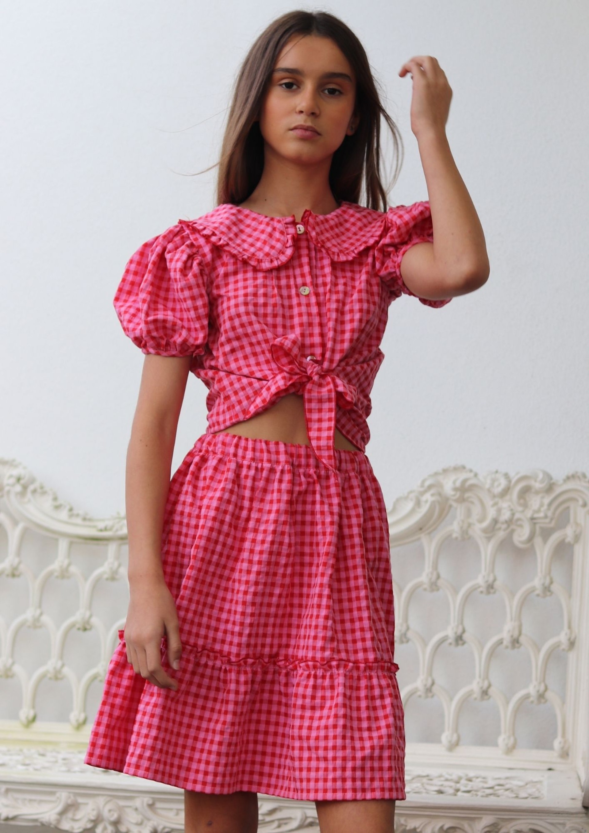 Pink and red gingham blouse