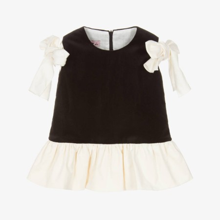 Black dress with ivory bows and ruffle