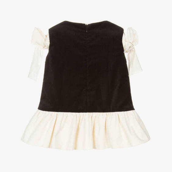 Black dress with ivory bows and ruffle