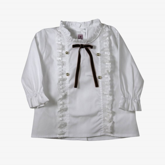 White blouse with tulle ruffle and gold buttons