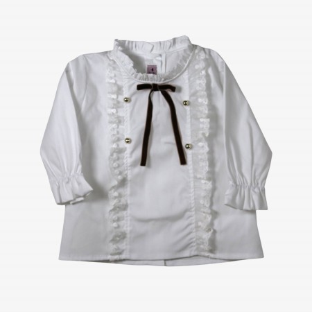 White blouse with tulle ruffle and gold buttons