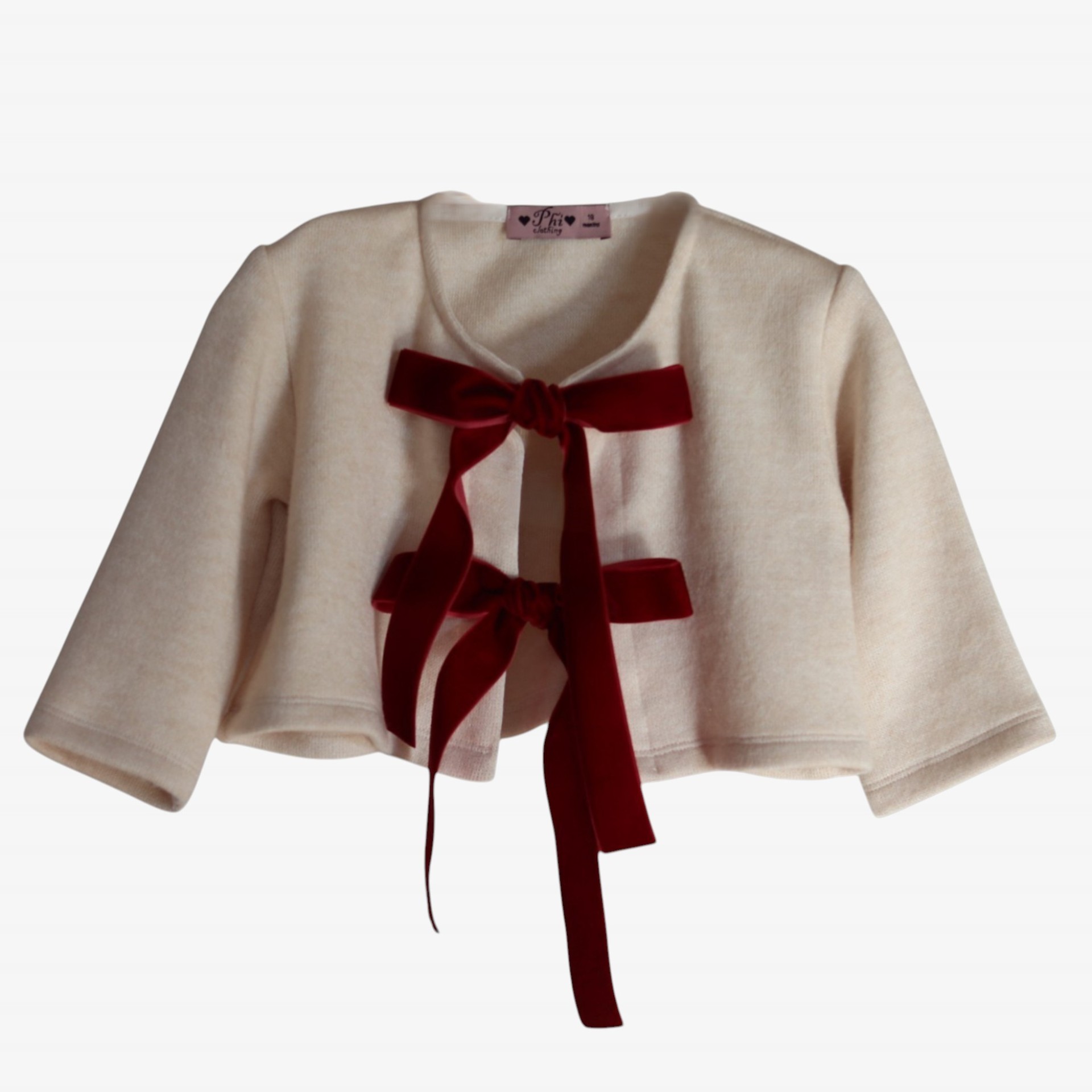 Ivory jersey cardigan with bordeaux bows