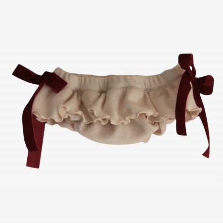Ivory bloomer with burgundy velvet bows Ivory bloomer with burgundy velvet bows