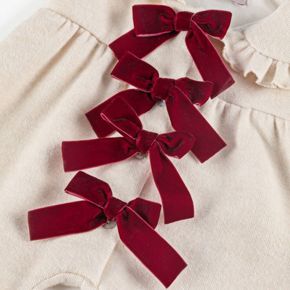 Ivory jumpsuit with burgundy bows