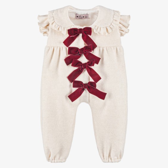 Ivory jumpsuit with burgundy bows