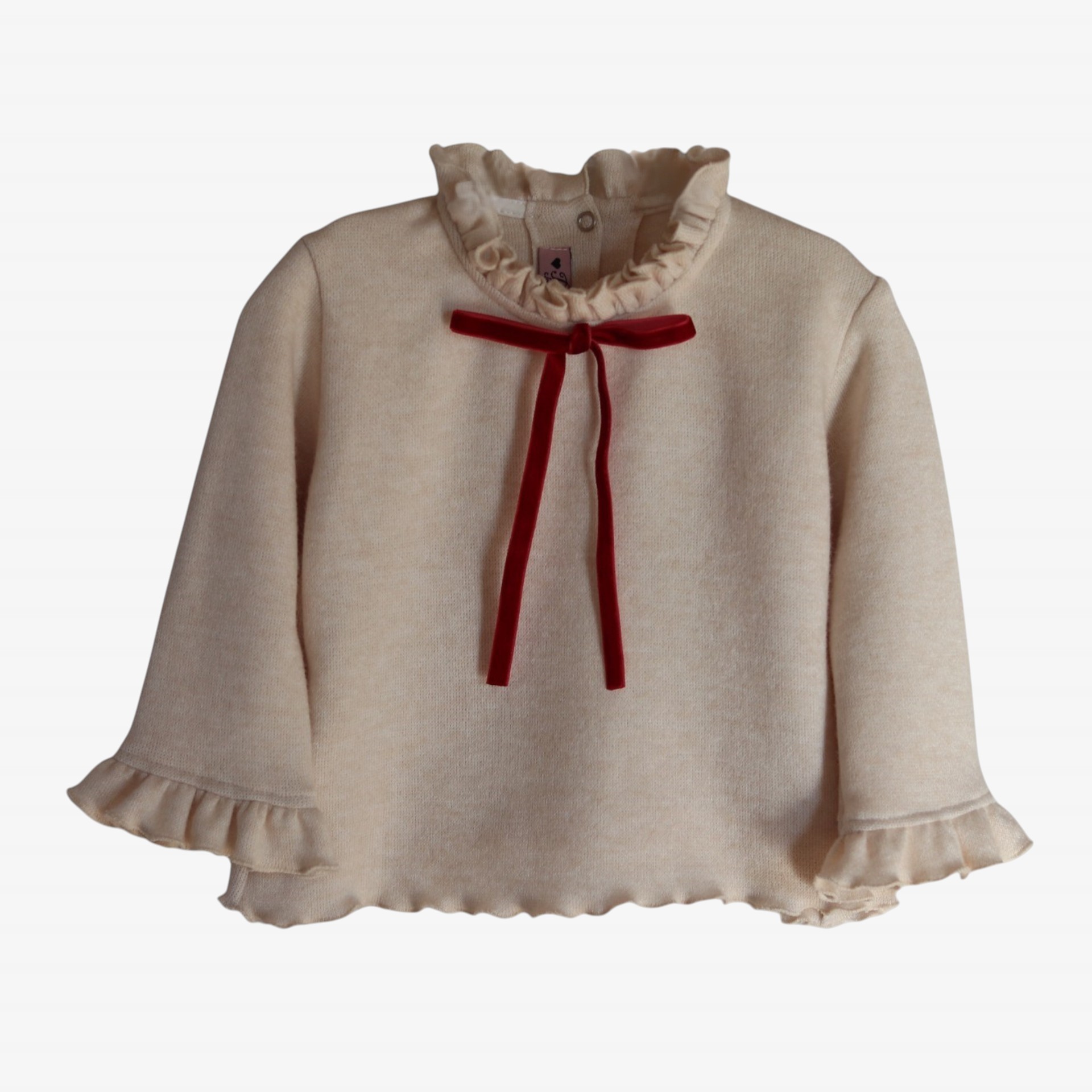 Ivory Knitted Sweater with Burgundy Velvet Bow
