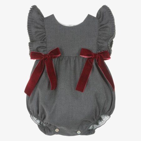 Grey romper with pleats and burgundy velvet bows Grey romper with pleats and burgundy velvet bows
