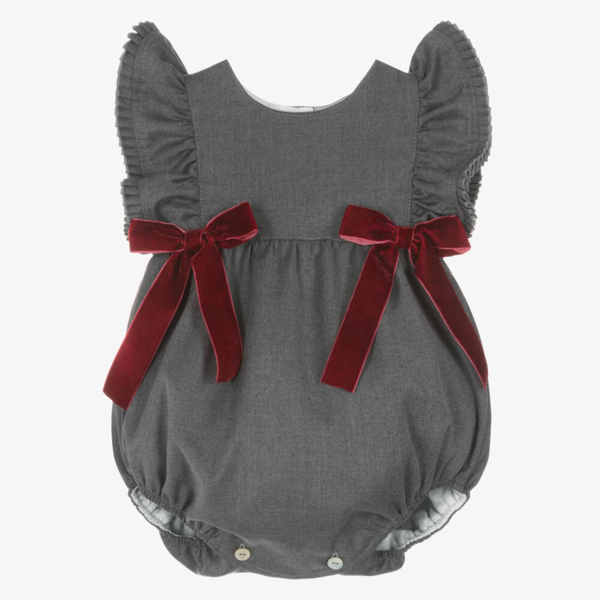 Grey romper with pleats and burgundy velvet bows