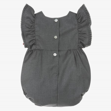Grey romper with pleats and burgundy velvet bows Grey romper with pleats and burgundy velvet bows