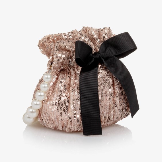 Pink sequined bag with black velvet bow.