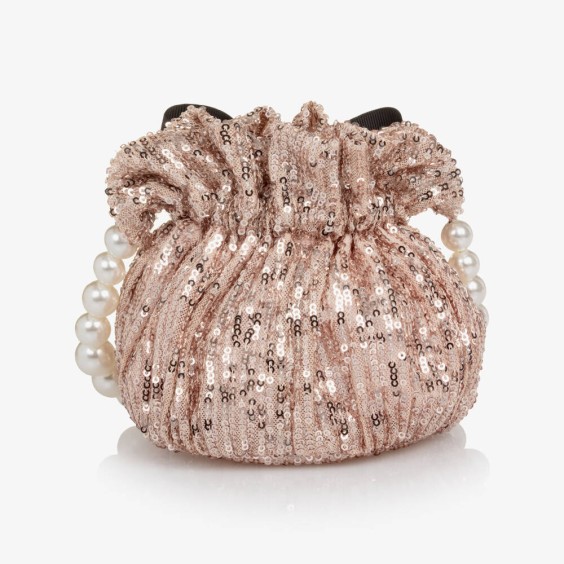 Pink sequined bag with black velvet bow.