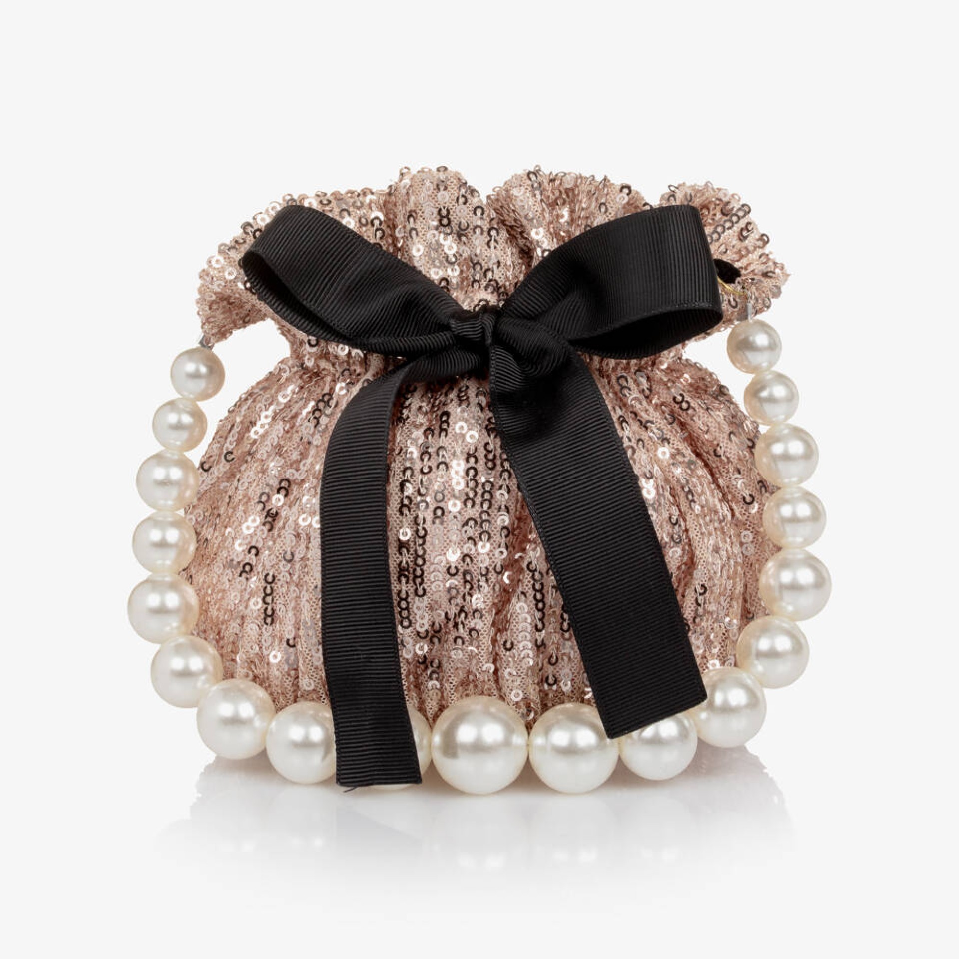 Pink sequined bag with black velvet bow.