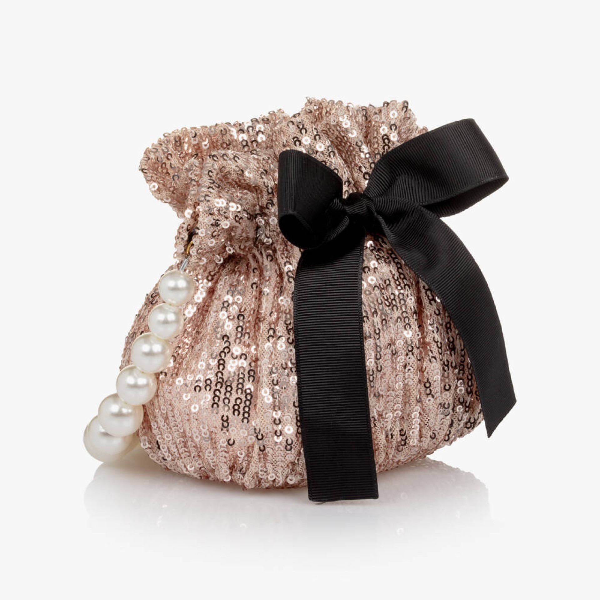 Pink sequined bag with black velvet bow.