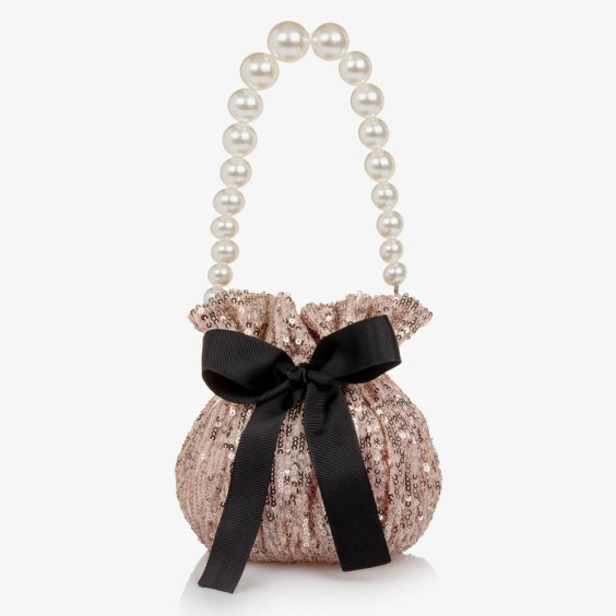 Pink sequined bag with black velvet bow.