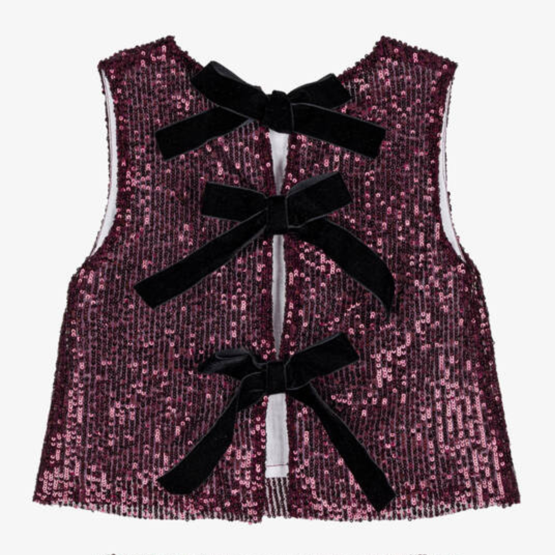 Sequined blouse, burgundy with bows.