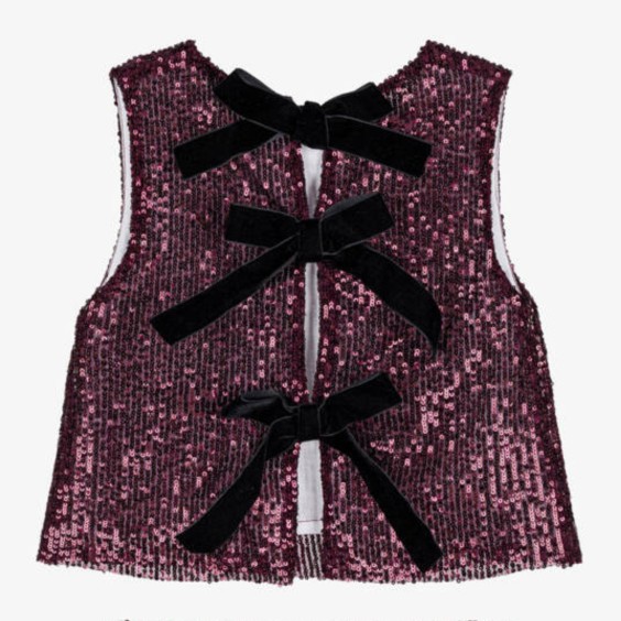 Sequined blouse, burgundy with bows.