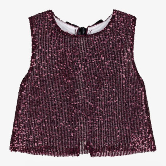 Sequined blouse, burgundy with bows.