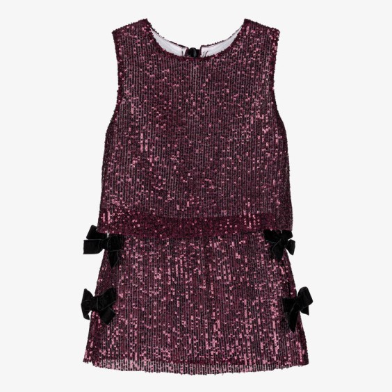 Sequined blouse, burgundy with bows.
