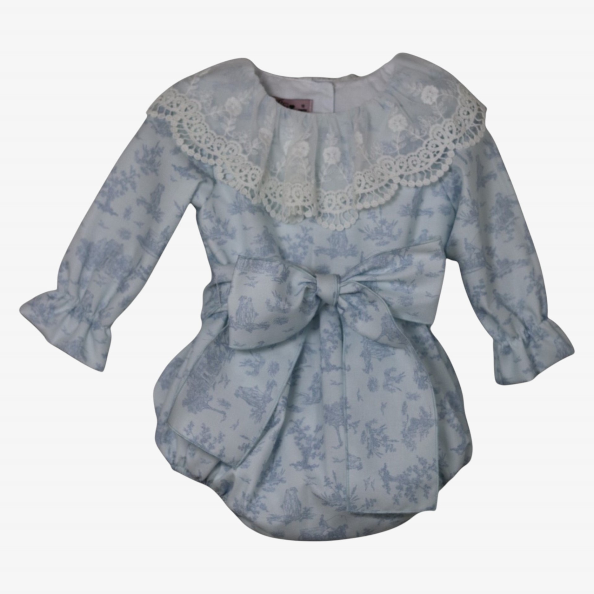 Blue toile de jouy romper with tulle