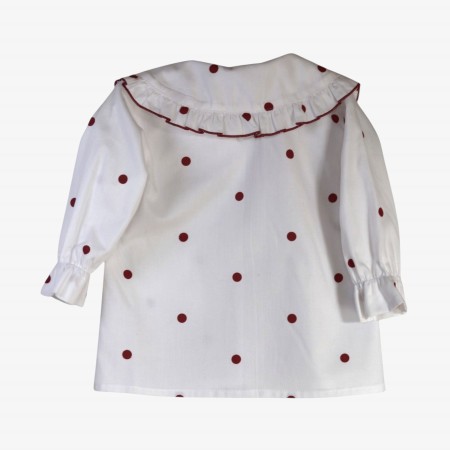 Ivory blouse with burgundy polka dots and two collars. Ivory blouse with burgundy polka dots and two collars.