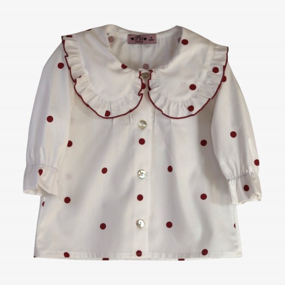Ivory blouse with burgundy polka dots and two collars.