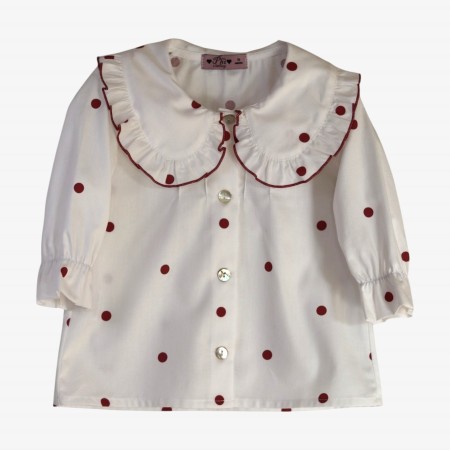 Ivory blouse with burgundy polka dots and two collars. Ivory blouse with burgundy polka dots and two collars.