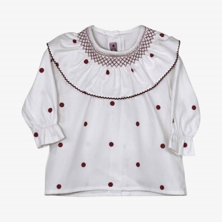 Ivory blouse with burgundy polka dots