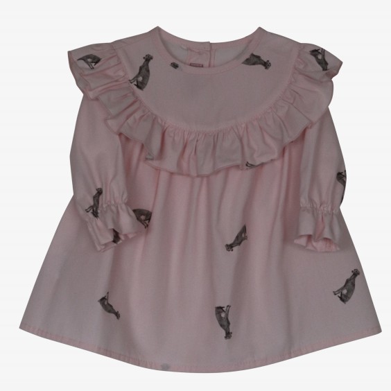 Pink blouse with dogs and ruffles 