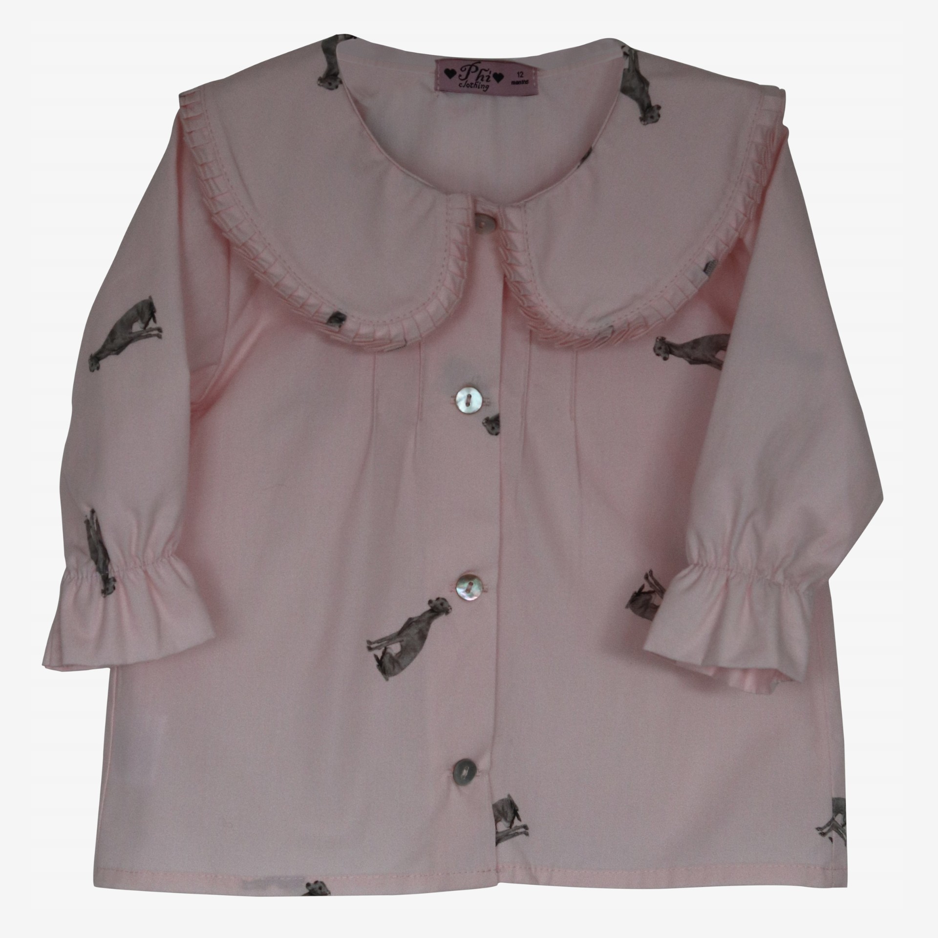 Pink blouse with dogs and pleats at the collar.