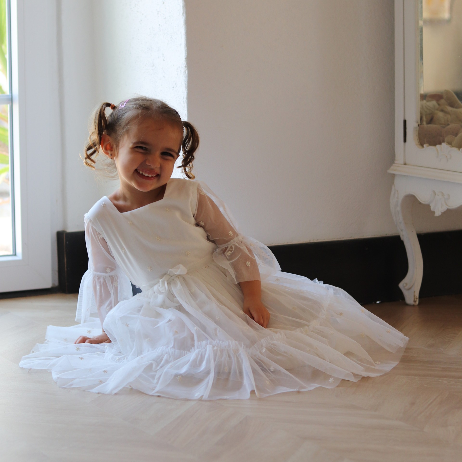 Ivory tulle with flowers midi dress