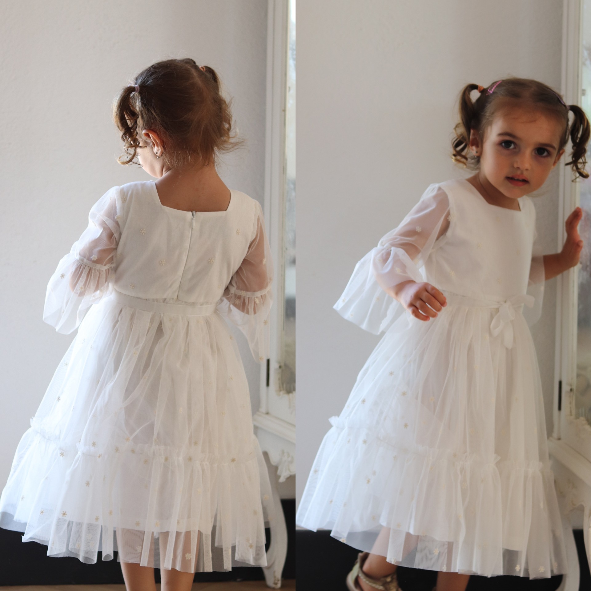 Ivory tulle with flowers midi dress