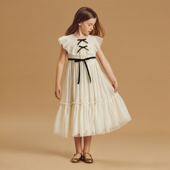 Ivory voile dress with silver studs