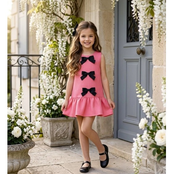 Pink tweed dress with 3 bows