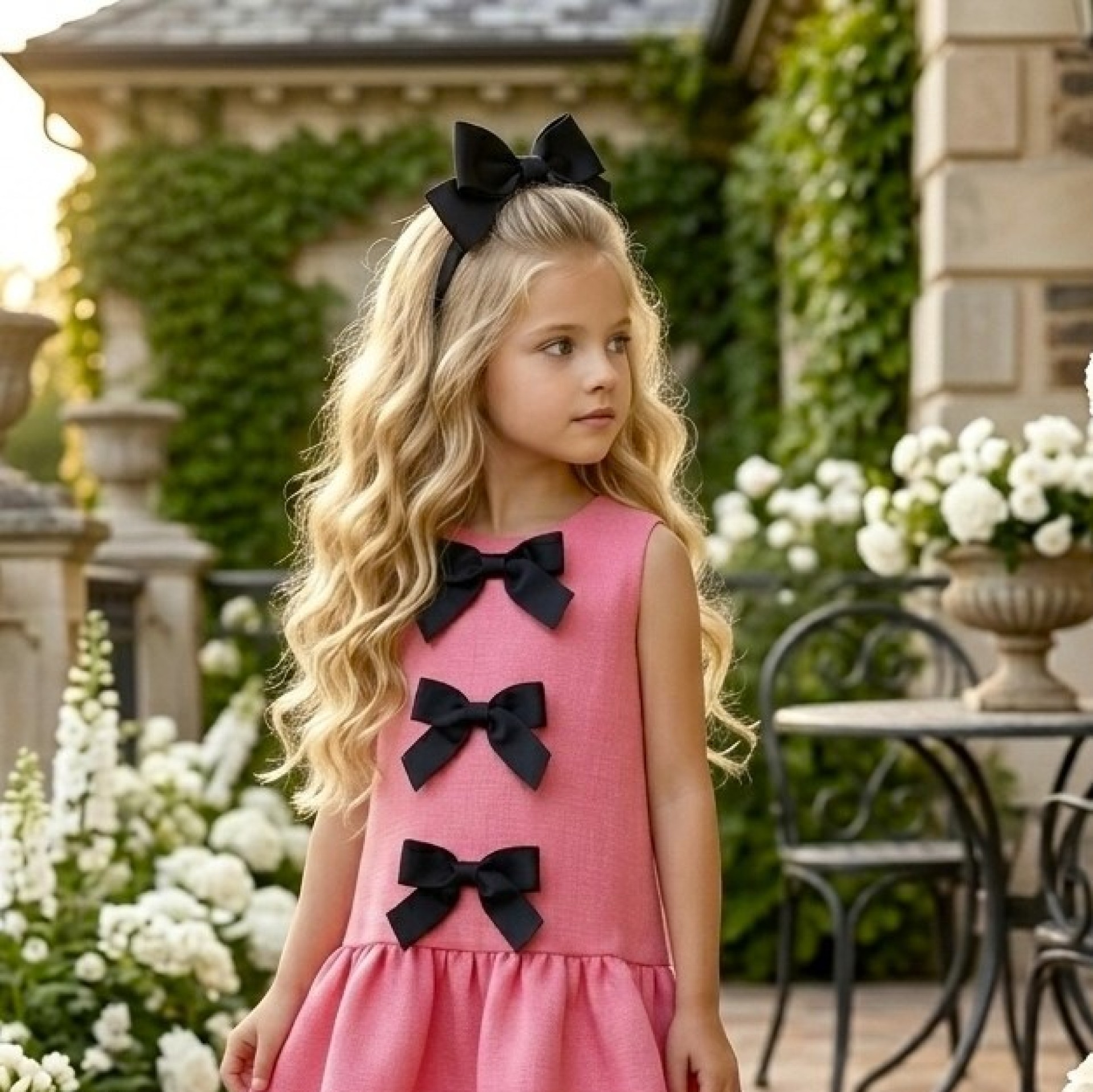 Robe en tweed rose avec 3 nœuds