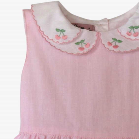 Pink romper with a collar embroidered with cherries