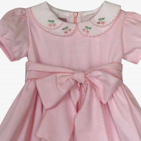 Pink dress with a collar embroidered with cherries