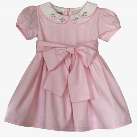 Pink dress with a collar embroidered with cherries